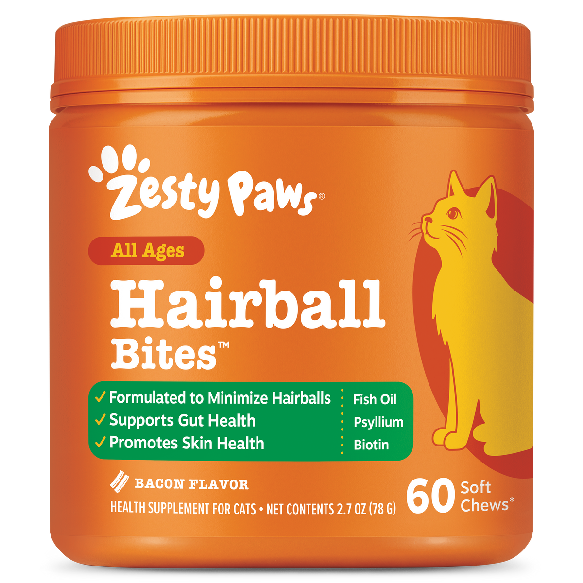 Orange jar of Zesty Paws Hairball Bites soft chews for cats with yellow cat illustration and product information label.