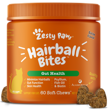 Orange jar of Zesty Paw Hairball Bites soft chews for cats with bacon flavor and 60 count.