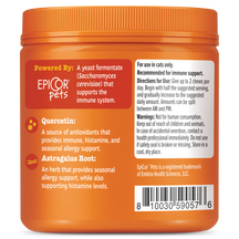 Orange container of EpiCor Pets Allergy & Immune Bites for cats with ingredient information and usage directions on label.