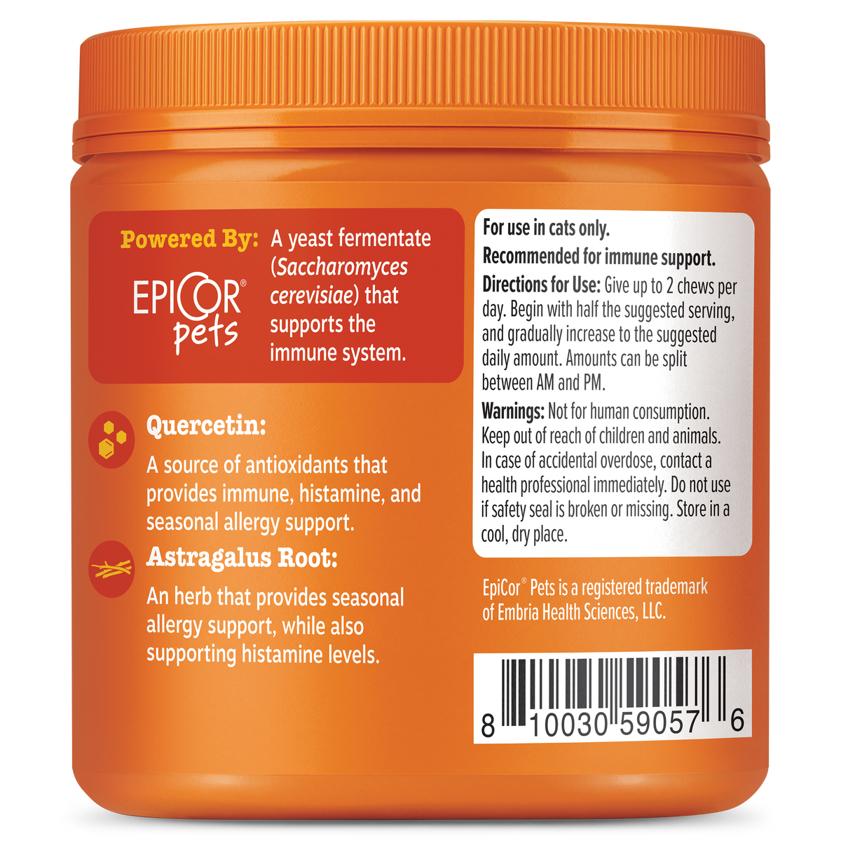 Orange container of EpiCor Pets Allergy & Immune Bites for cats with ingredient information and usage directions on label.