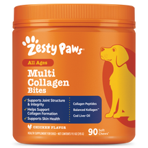 Orange plastic container of Zesty Paws Multi Collagen Bites with yellow dog illustration and blue ingredient information pane