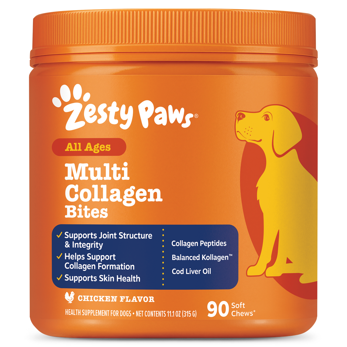Orange plastic container of Zesty Paws Multi Collagen Bites with yellow dog illustration and blue ingredient information pane