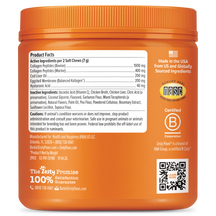 Orange jar of dog supplement soft chews with product facts label and ingredient list on front.