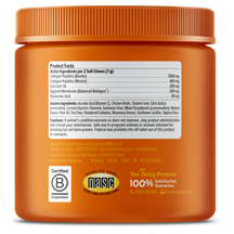Orange jar with ribbed cap containing dog supplement soft chews, displaying product facts label and certifications.