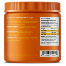 Orange bottle of Multi-Collagen Bites soft chew dog supplement with ribbed cap and product information label.