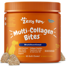 Orange jar of Zesty Paw Multi-Collagen Bites dog treats with chicken flavor, containing 90 soft chews.