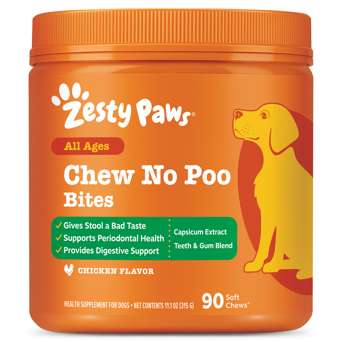 Orange jar of Zesty Paws Chew No Poo Bites dog supplement with yellow dog illustration and product details on label.
