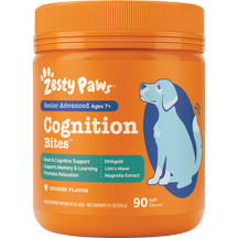 Orange jar of Zesty Paws Senior Advanced Cognition Bites soft chews for dogs ages 7+, 90 count, chicken flavor.