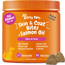Orange jar of Zesty Paw Skin & Coat Bites with salmon oil soft chews for dogs in bacon flavor, 90 chews per jar.