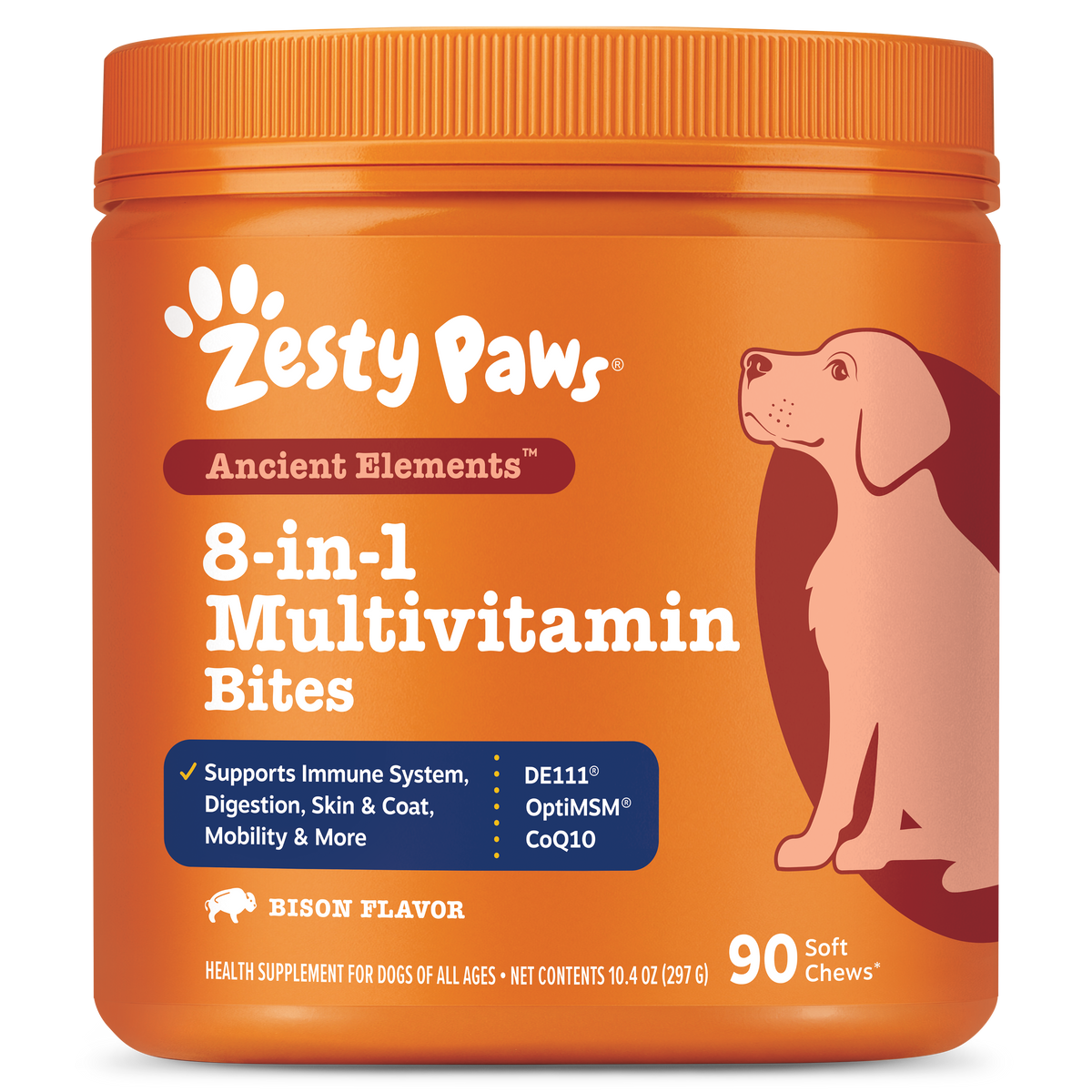 Orange plastic container of Zesty Paws Ancient Elements 8-in-1 Multivitamin Bites for dogs with brown labeling and illustrati