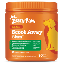 Orange jar of Zesty Paws Scoot Away Bites dog supplement with yellow dog illustration and green label listing ingredients and