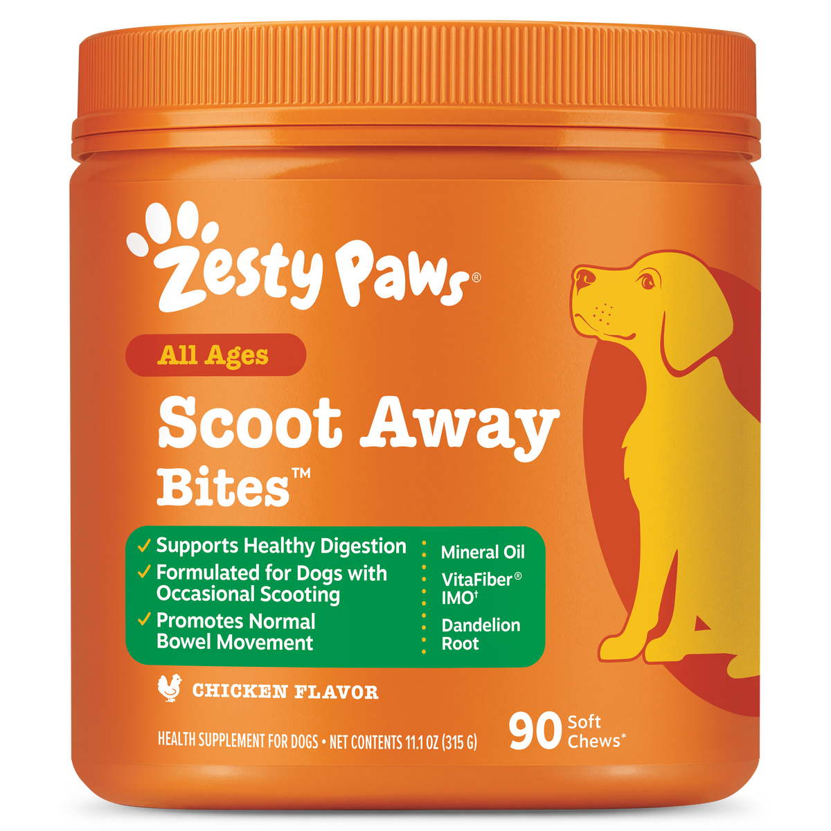 Orange jar of Zesty Paws Scoot Away Bites dog supplement with yellow dog illustration and green label listing ingredients and