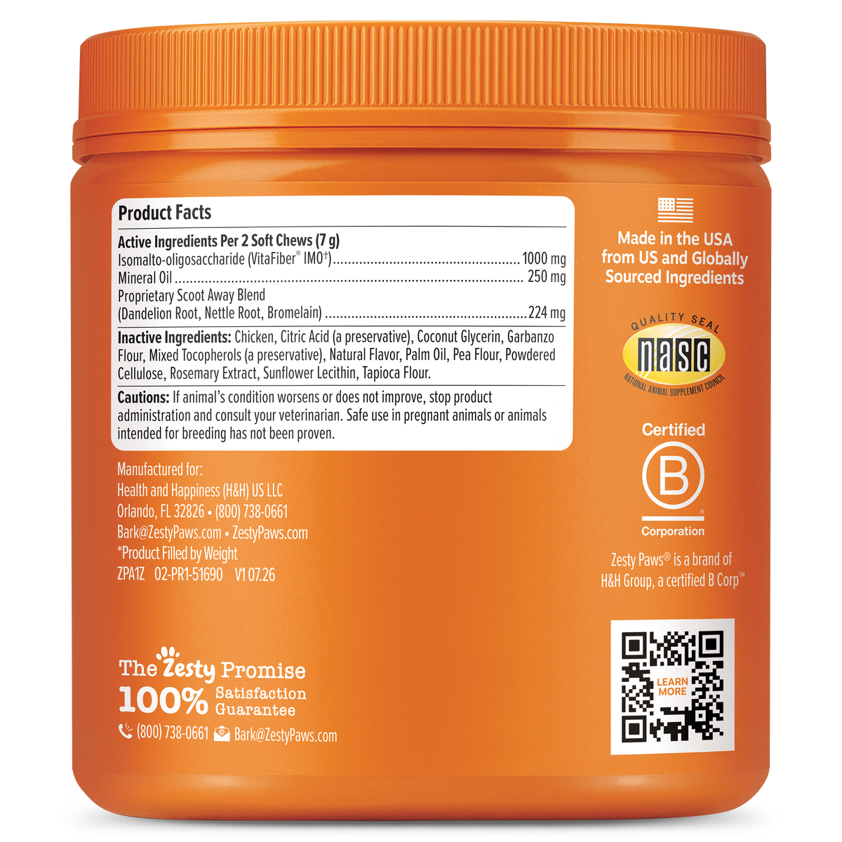 Orange jar of Scoot Away Bites dog supplement with product facts label, ingredient list, and certification badges on front.