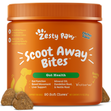 Orange jar of Zesty Paw Scoot Away Bites chicken-flavored soft chews for dogs with brown chews displayed in front.