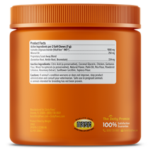 Orange jar of soft chew dog supplements with product facts label and NASC quality seal visible.