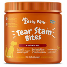 Orange jar of Zesty Paw Tear Stain Bites dog treats with chicken flavor, 90 soft chews.