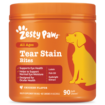 Orange Zesty Paws Tear Stain Bites jar with yellow dog illustration, 90 soft chews, chicken flavor.