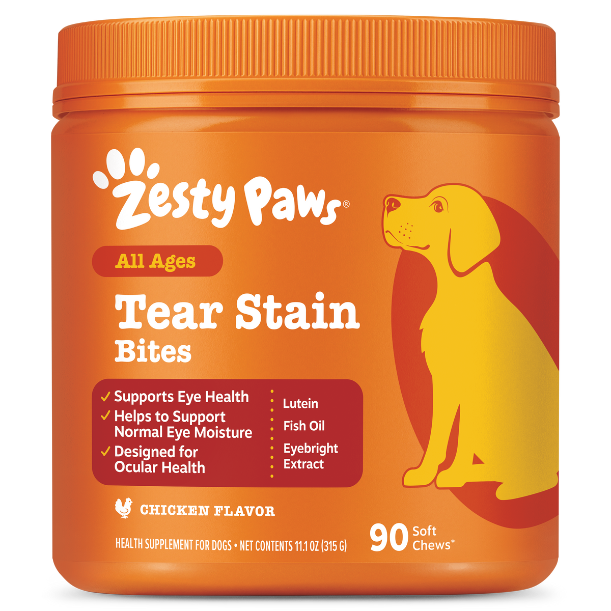 Orange Zesty Paws Tear Stain Bites jar with yellow dog illustration, 90 soft chews, chicken flavor.