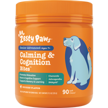 Orange jar of Zesty Paws Senior Advanced Calming & Cognition Bites for dogs, 90 soft chews, chicken flavor.