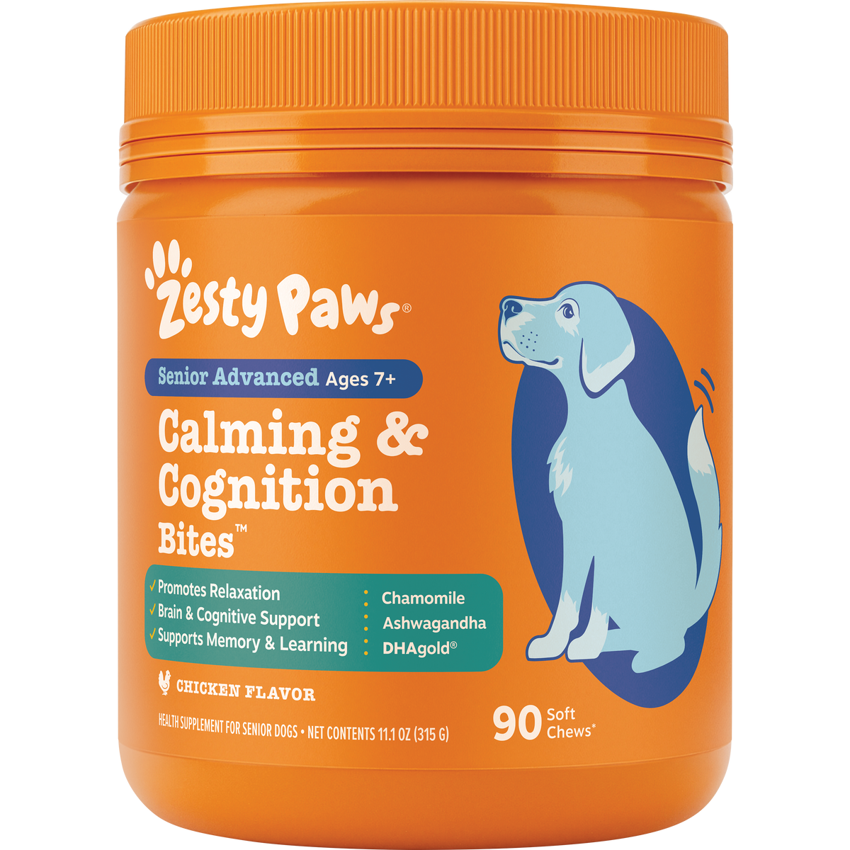 Orange jar of Zesty Paws Senior Advanced Calming & Cognition Bites for dogs, 90 soft chews, chicken flavor.