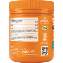 Orange plastic jar with ridged cap containing dog treats, displaying product facts label and ingredient information on white 