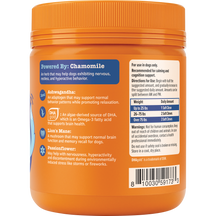 Orange plastic jar with orange ribbed cap containing dog supplement bites, labeled with ingredient information and dosage ins