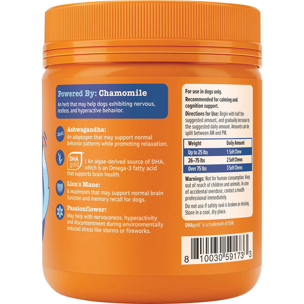 Orange plastic jar with orange ribbed cap containing dog supplement bites, labeled with ingredient information and dosage ins