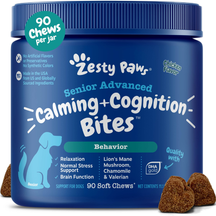 Blue jar of Zesty Paw Senior Advanced Calming and Cognition Bites for dogs with 90 soft chews and brown bite-sized treats dis