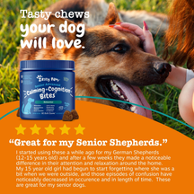 Hand holding brown dog treat bite next to blue jar of Senior Advanced Calming and Cognition Bites with brown dog in backgroun