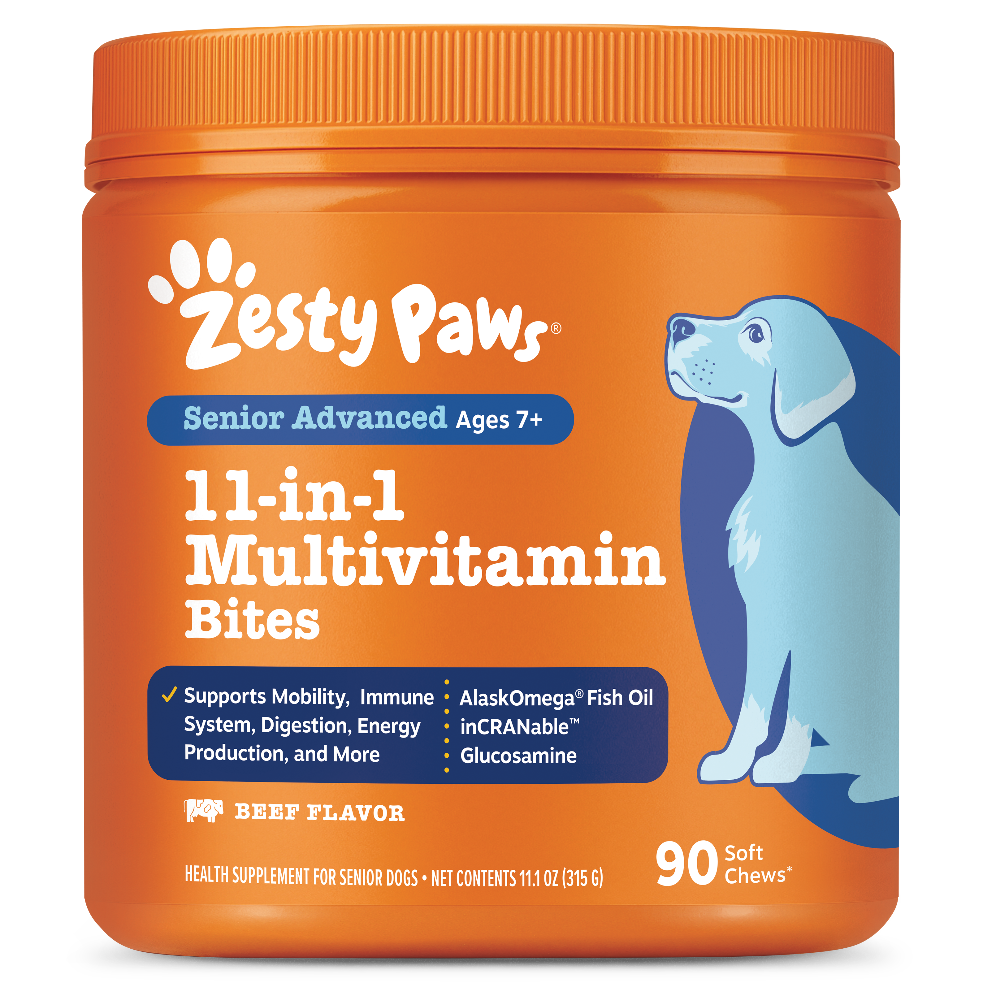 Orange container of Zesty Paws Senior Advanced 11-in-1 Multivitamin Bites with white text, blue accents, and illustration of 