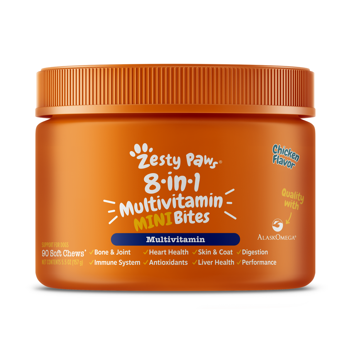 Orange plastic jar of Zesty Paw 8-in-1 Multivitamin Mini Bites with orange ribbed cap, chicken flavor label, and benefit icon