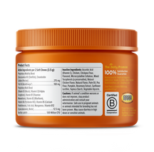 Orange plastic bottle with orange ridged cap containing dog multivitamin bites, product facts label visible on front.