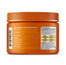 Orange bottle of multivitamin chews for small dogs with orange ribbed cap and white label listing ingredients and dosage info