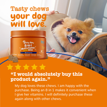 Orange bottle of Tasty Paw 8-in-1 Multivitamin Bites next to small tan dog with tongue out.