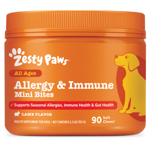 Orange plastic jar with orange screw-on lid containing Zesty Paws Allergy & Immune Mini Bites dog supplement with yellow dog 