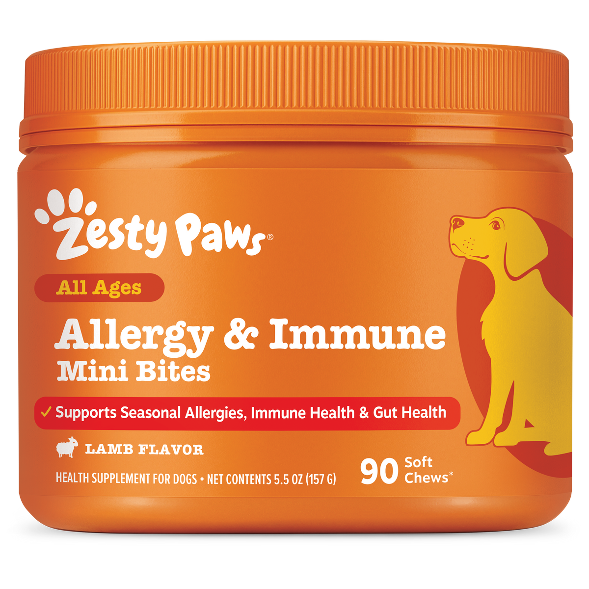 Orange plastic jar with orange screw-on lid containing Zesty Paws Allergy & Immune Mini Bites dog supplement with yellow dog 