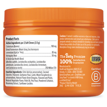 Orange jar of dog supplement soft chews with Product Facts label and B Corporation certification seal.