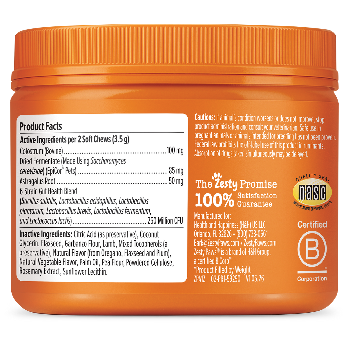 Orange jar of dog supplement soft chews with Product Facts label and B Corporation certification seal.