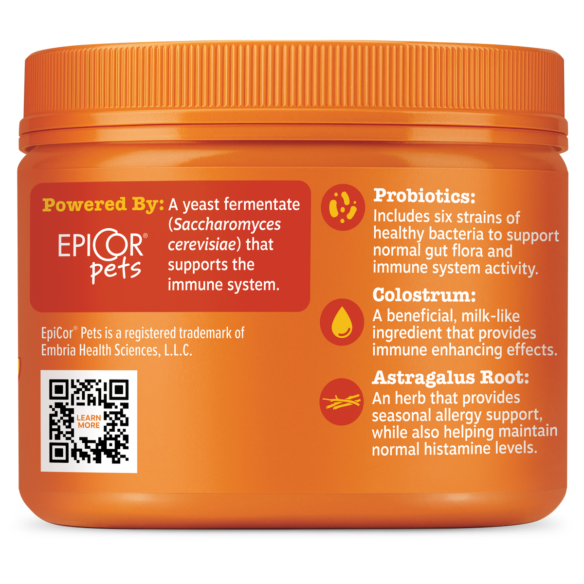 Orange plastic container with ridged lid containing dog supplement bites, labeled with ingredient information and QR code.