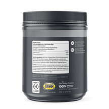 Dark gray container with black ridged lid containing dog hip and joint supplement bites, with product facts label and certifi