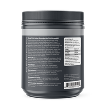 Black container with gray label displaying product information, ingredients, and dosage directions for dog hip and joint supp