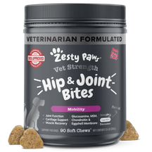 Dark gray container of Zesty Paw Vet Strength Hip & Joint Bites with tan soft chews displayed in front.
