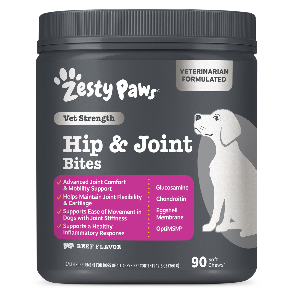 Dark gray container of Zesty Paws Vet Strength Hip & Joint Bites for dogs with white labeling, featuring a white dog illustra