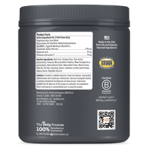 Dark gray jar with ribbed lid containing dog hip and joint supplement chews, displaying product facts label and certification