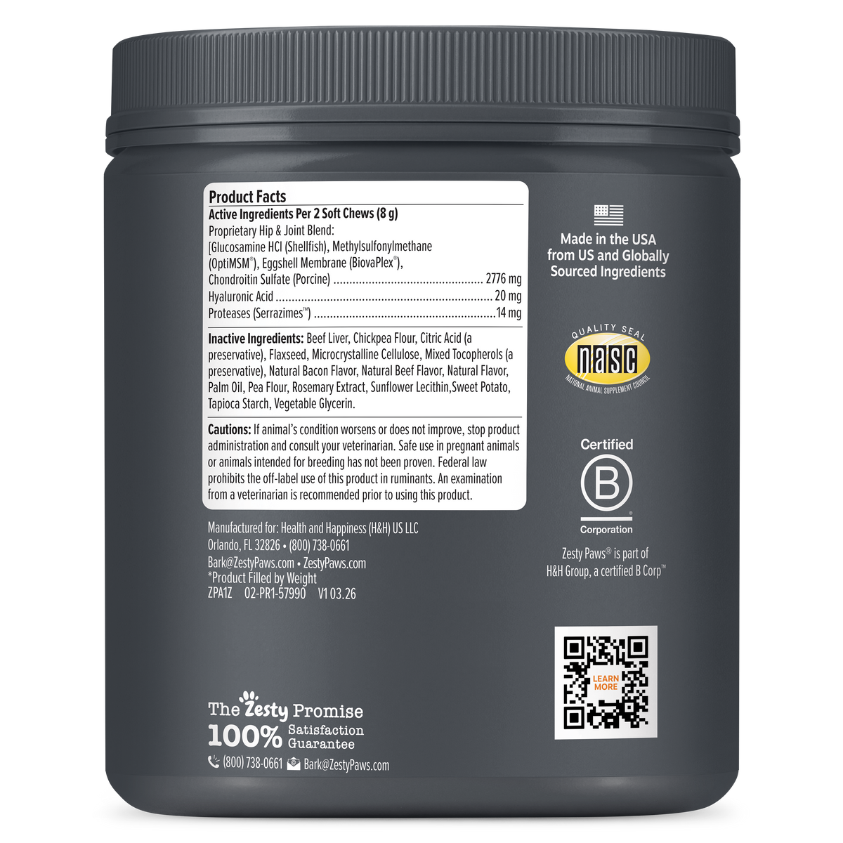 Dark gray jar with ribbed lid containing dog hip and joint supplement chews, displaying product facts label and certification