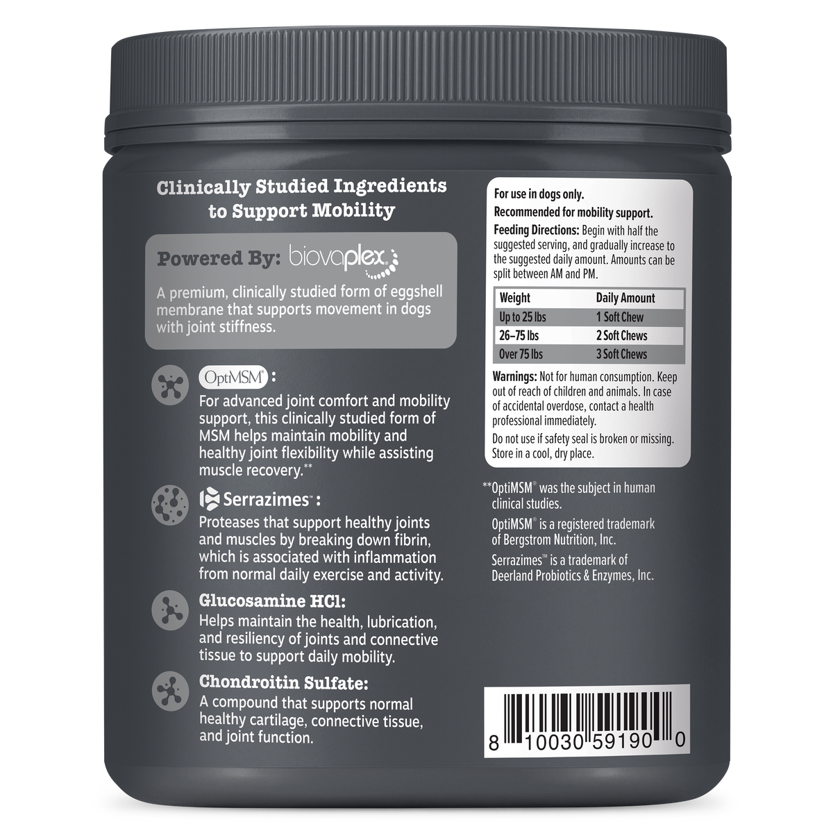 Dark gray jar of dog hip and joint supplement chews with black screw-top lid and white ingredient label.