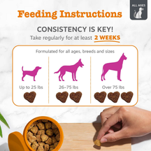 Feeding instructions chart showing dosage guidelines for dogs by weight with silhouettes and heart-shaped treats, plus hand h