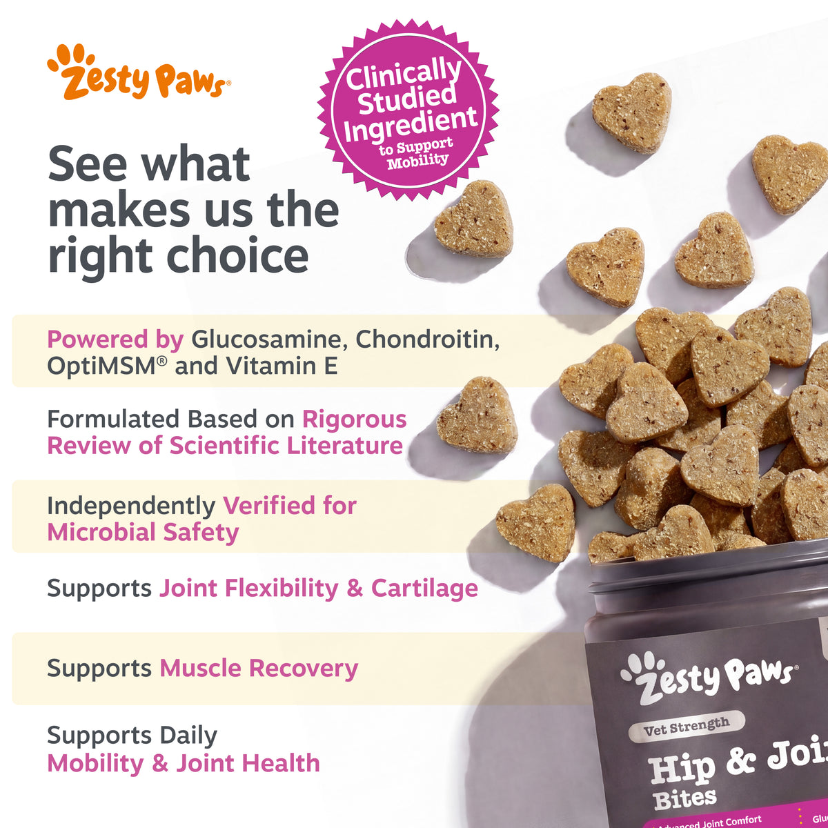 Tan heart-shaped dog treats scattered around a dark container labeled Zesty Paws Vet Strength Hip & Joint Bites.