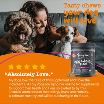 Woman with two dogs on couch next to container of Hip & Joint Bites supplement.