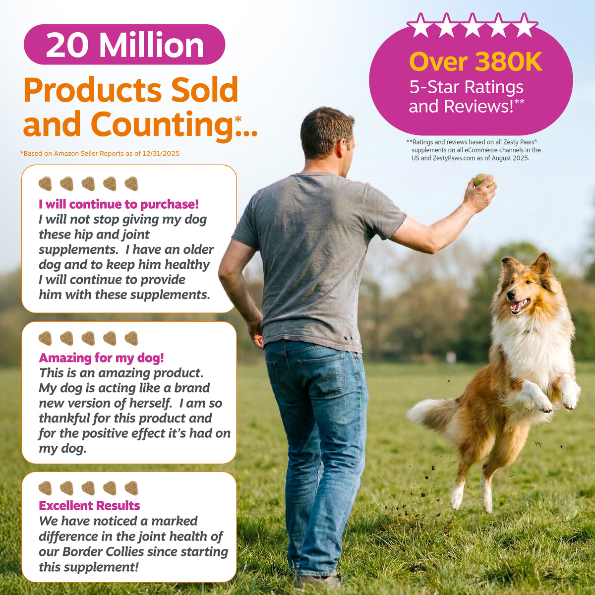 Man jogging with tan and white dog in grassy field with customer testimonials and product ratings displayed.